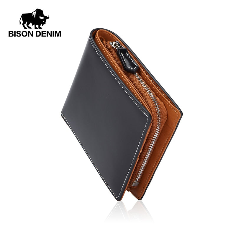 BISONDENIM New Men's Leather Folding Wallet Simple Luxury Fashion Wallet Zipper Coin Bag Multifunctional Card Holder W4545