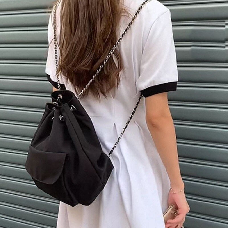 Simple casual silk black chain bucket bag drawstring drawstring mouth large capacity commuter backpack backpacks for women