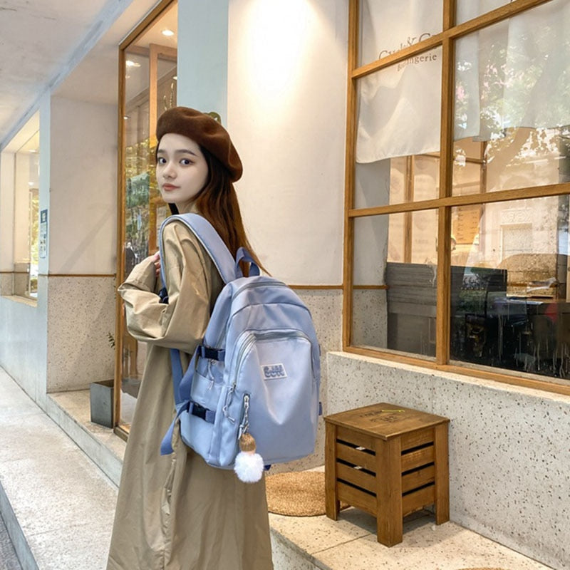 Waterproof Nylon School Backpack Women's Backpacks for Teenagers Girls Large Capacity Women Bag Solid Color Schoolbag Mochila