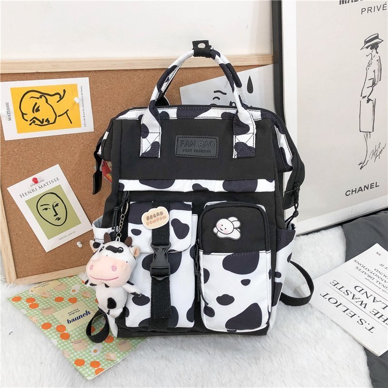 Vintage Casual Women Plaid Purple Backpacks New Fashion Black Cow Pattern Travel Bag for Teenager Girls Backpack School Bag