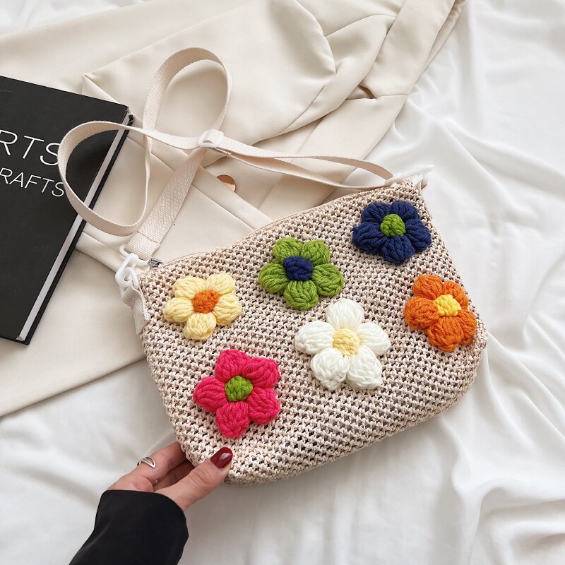 Fashion Straw Beach Bag Lady Girls Boho Handade Woven Shoulder Bags Raffia Rattan Handbag Knitted Floral Travel Messenger Bag
