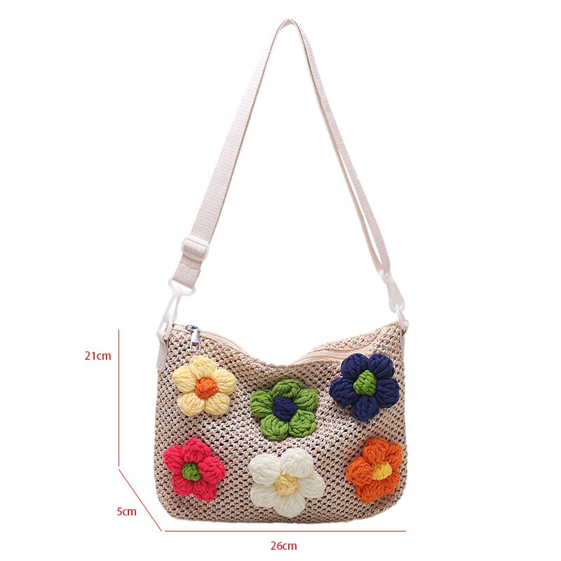 Fashion Straw Beach Bag Lady Girls Boho Handade Woven Shoulder Bags Raffia Rattan Handbag Knitted Floral Travel Messenger Bag