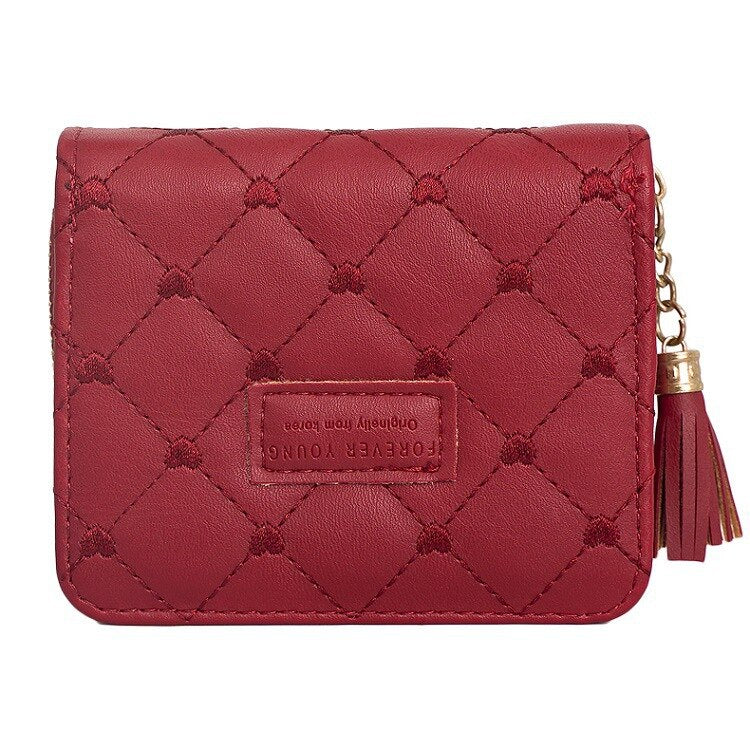 Japanese and Korean Ladies New Rhombus Tassel Wallet Trendy Magnetic Snap Zipper Coin Purse Short Folding Card Holder