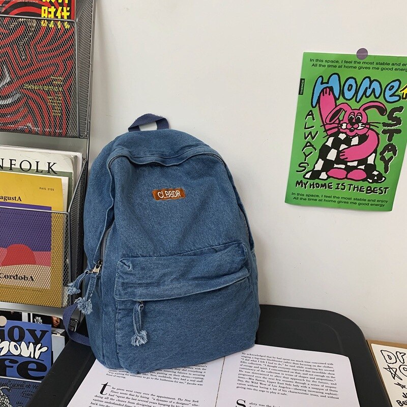 Female Casual Denim Big Capacity Backpack Back To School 90s Fashion Y2K Travel Casual Street Cloth Textile Book Laptop Rucksack