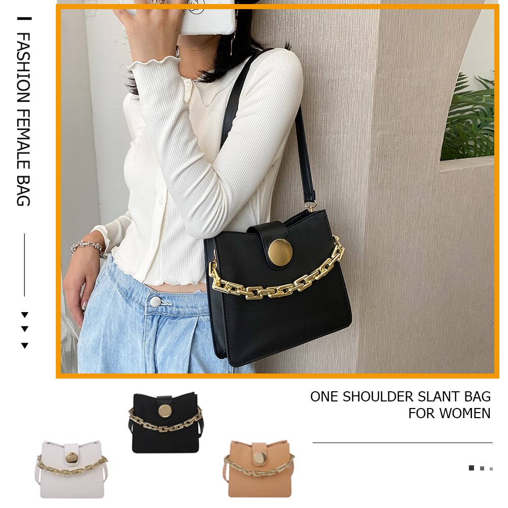 Youth Ladies Simple Versatile Bag Fashion Solid Color PU Leather Shoulder Bags for Women Chain Flap Buckle Totes