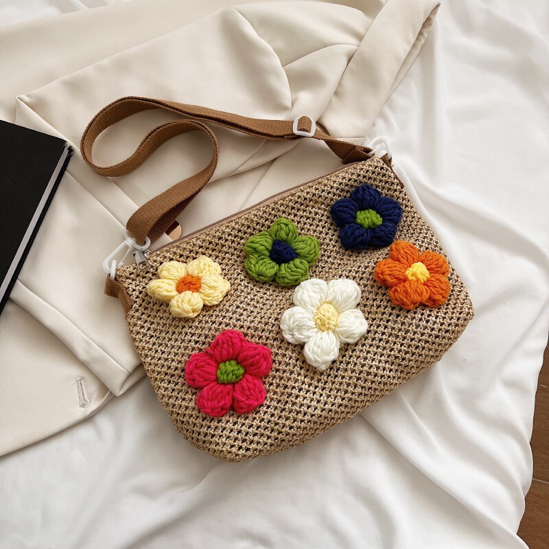 Fashion Straw Beach Bag Lady Girls Boho Handade Woven Shoulder Bags Raffia Rattan Handbag Knitted Floral Travel Messenger Bag