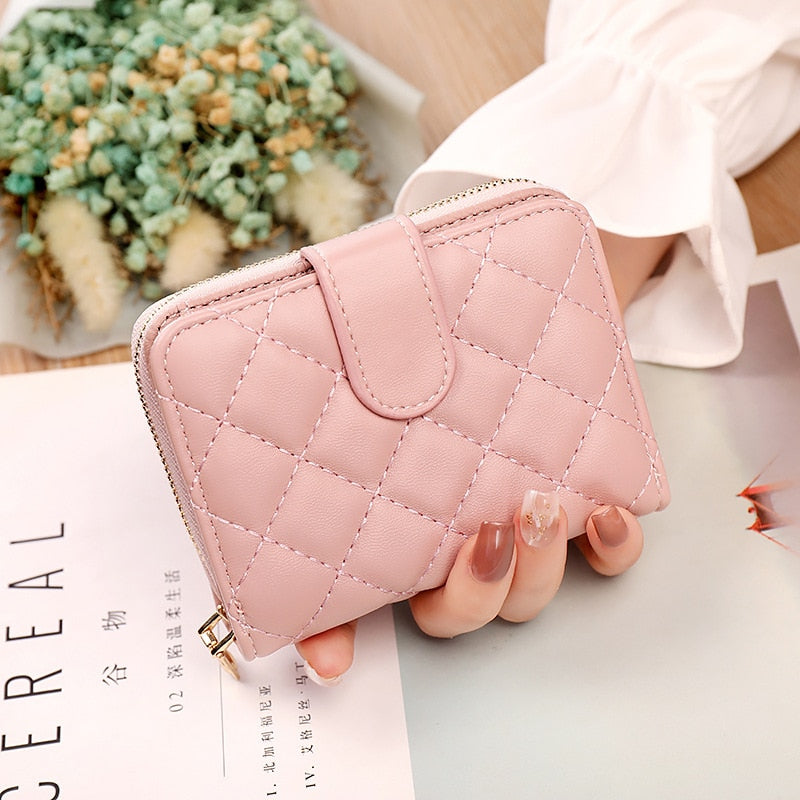 Geestock Fashion Organ Card Holder Wallets for Women Lingge Short Purse Simple Generous Ladies Zipper Wallet Credit Holders
