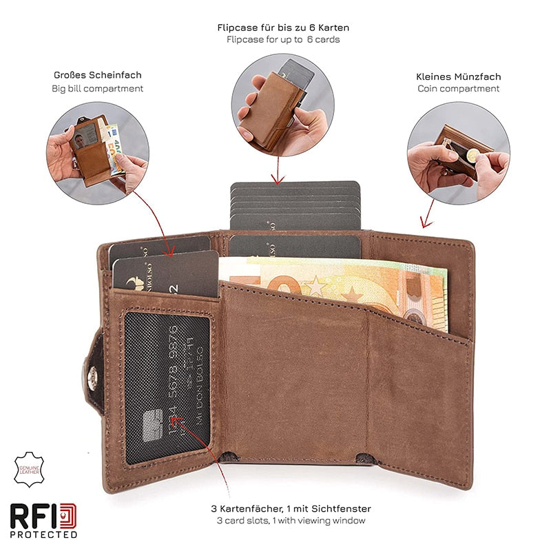 Vintage Crazy Horse Leather Slim Wallets Luxury RFID Protection Mini Metal Wallet Zipper Coin Pocket for Men and Women