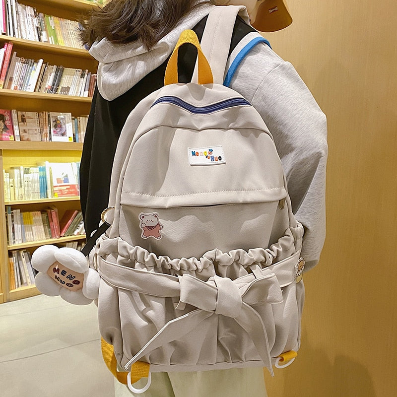 Fashion Kawaii Bow Waterproof Female Laptop Backpack Ladies Nylon College Backpack Trendy Women School Bag Girl Travel Cute Bags