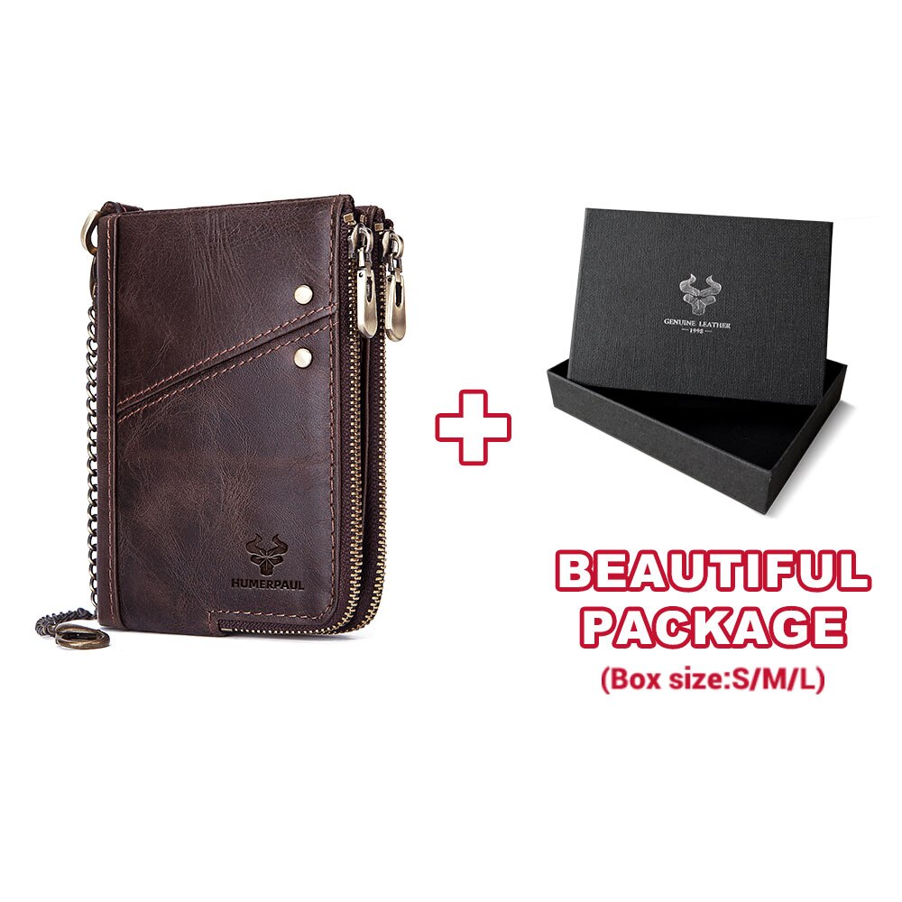 RFID Blocking Men's Wallets With Chain High Quality Cowhide Zipper Coin Pocket Card Holder Anti-Theft Chain Clutch Money Bag