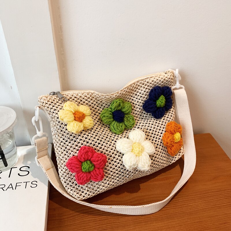 Fashion Straw Beach Bag Lady Girls Boho Handade Woven Shoulder Bags Raffia Rattan Handbag Knitted Floral Travel Messenger Bag
