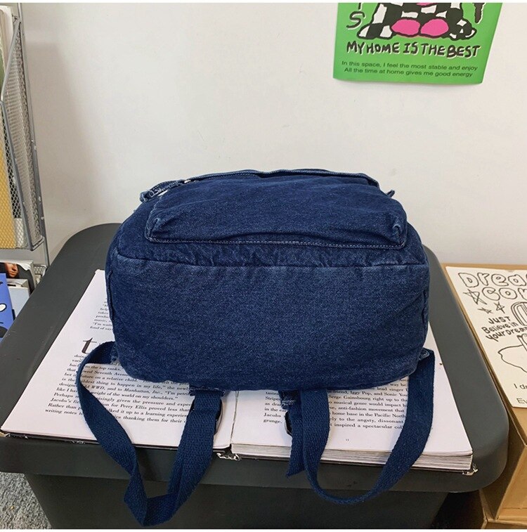 Female Casual Denim Big Capacity Backpack Back To School 90s Fashion Y2K Travel Casual Street Cloth Textile Book Laptop Rucksack