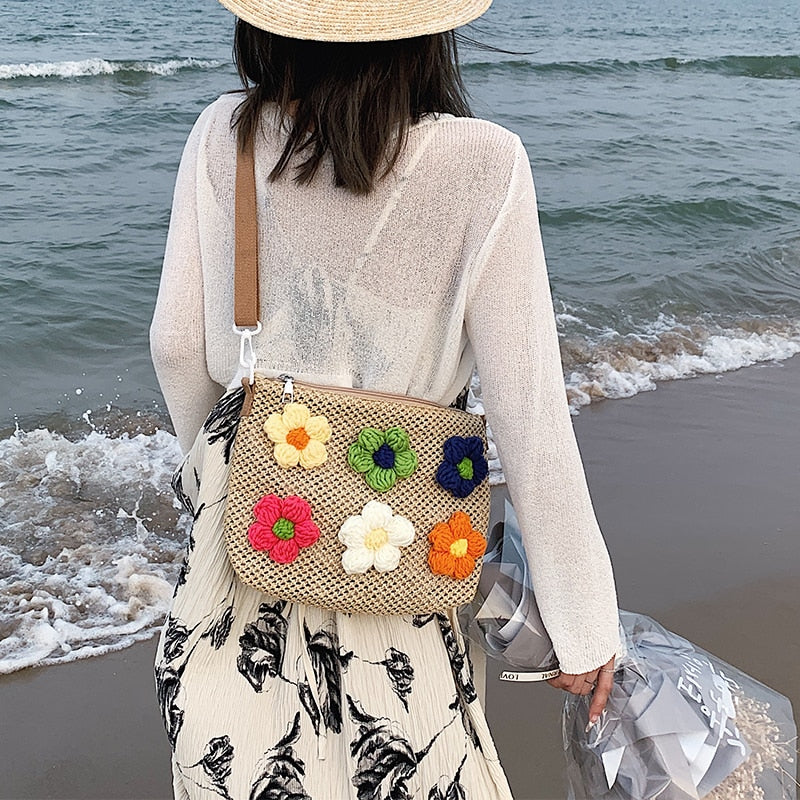 Fashion Straw Beach Bag Lady Girls Boho Handade Woven Shoulder Bags Raffia Rattan Handbag Knitted Floral Travel Messenger Bag