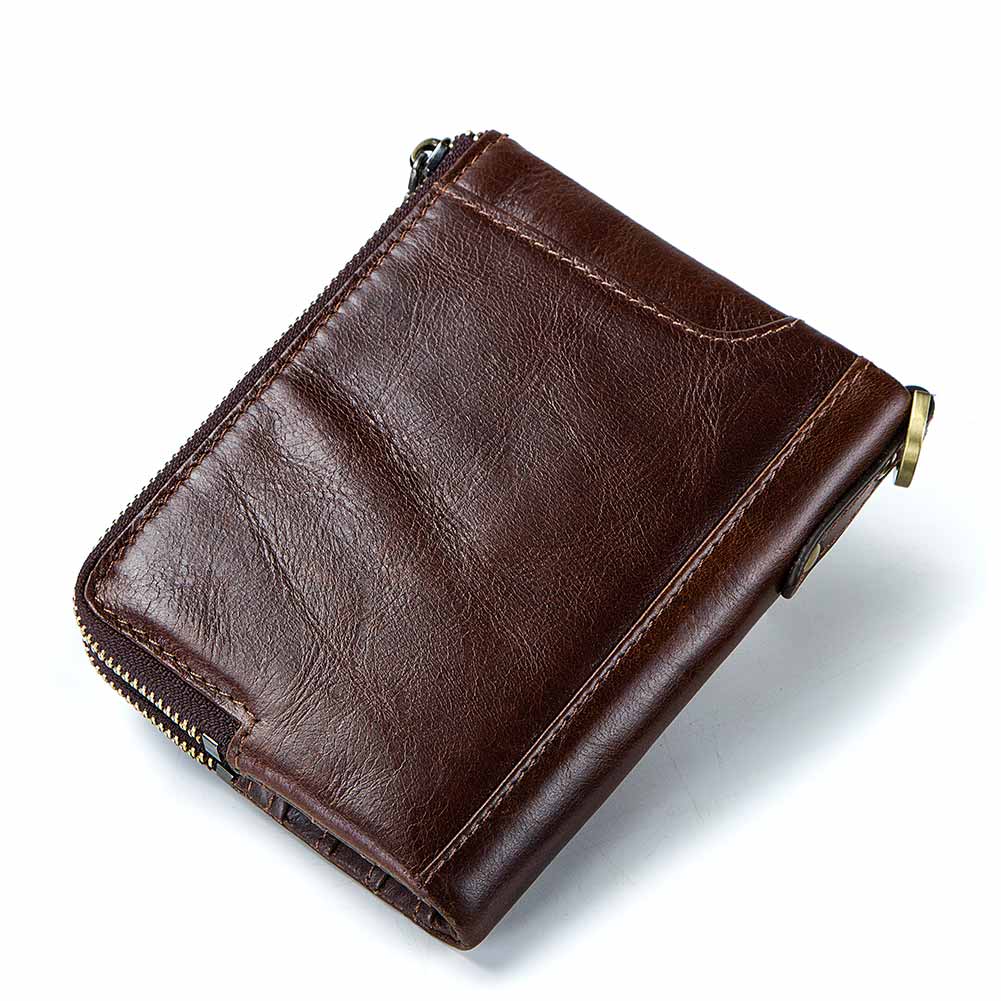 RFID Blocking Men's Wallets With Chain High Quality Cowhide Zipper Coin Pocket Card Holder Anti-Theft Chain Clutch Money Bag