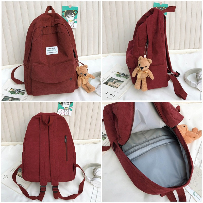 Retro women backpack Fashion high school college students book bag Simple corduroy Female backpacks large capacity Bags Rucksack