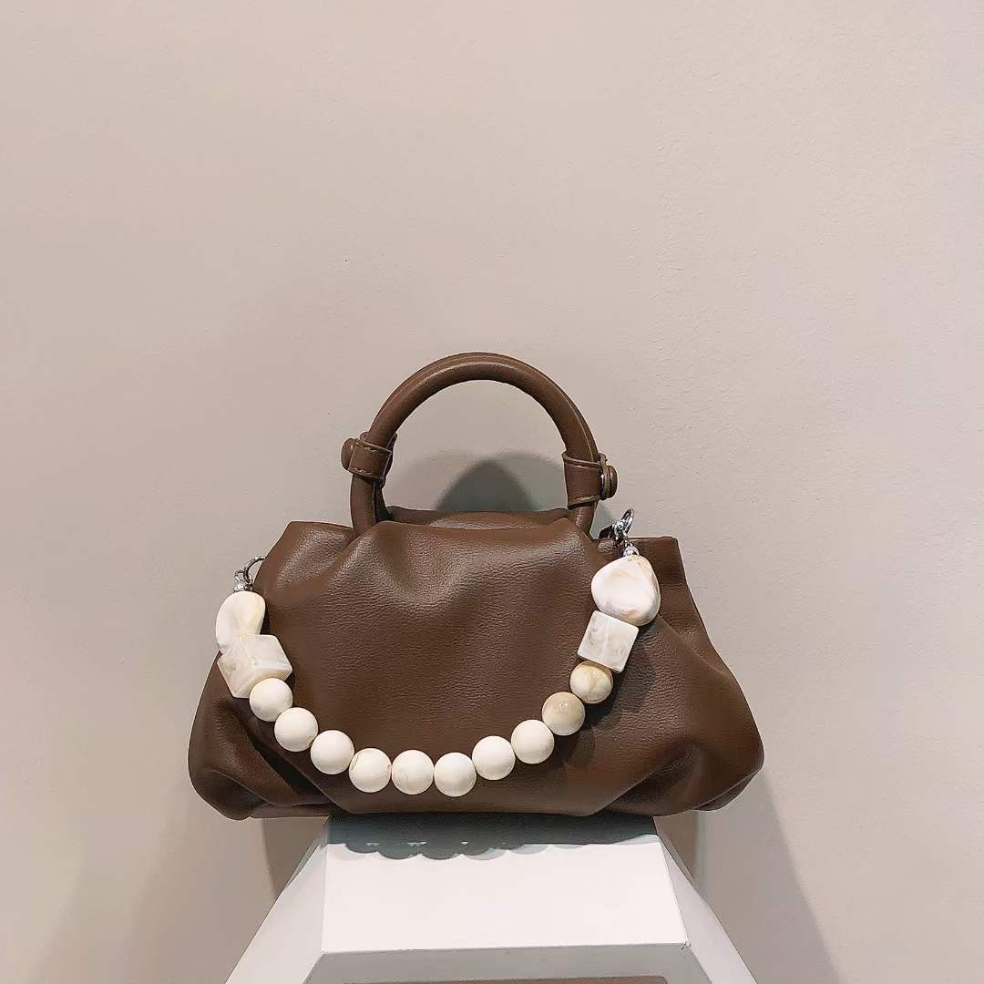 Ins Hot Fashion Soft Ruched Tote Hobo Bag Soft Leather Hobo Shoulder Bag with Pearl String Handle Unique