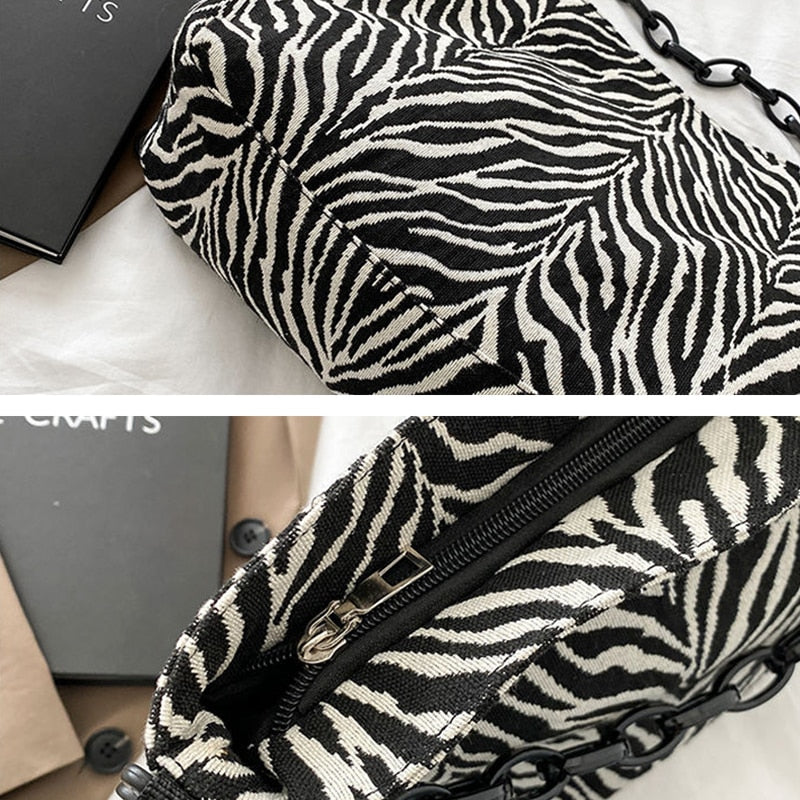 Zebra Pattern Shoulder Bags Women French Style Large Capacity Cross-body Bag Portable Texture Chains Handbags Casual Tote Femme