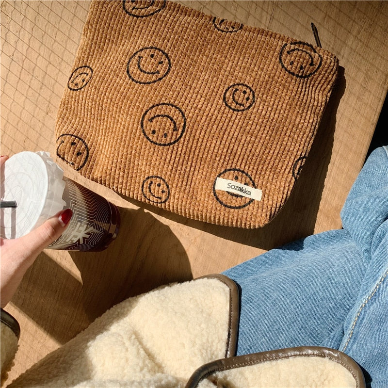 Japanese Style Corduroy Cosmetic Bag Women Handbags Purses Smile&Dots Makeup Organizer Storage Makeup Bag Girls Pencil Case Bags