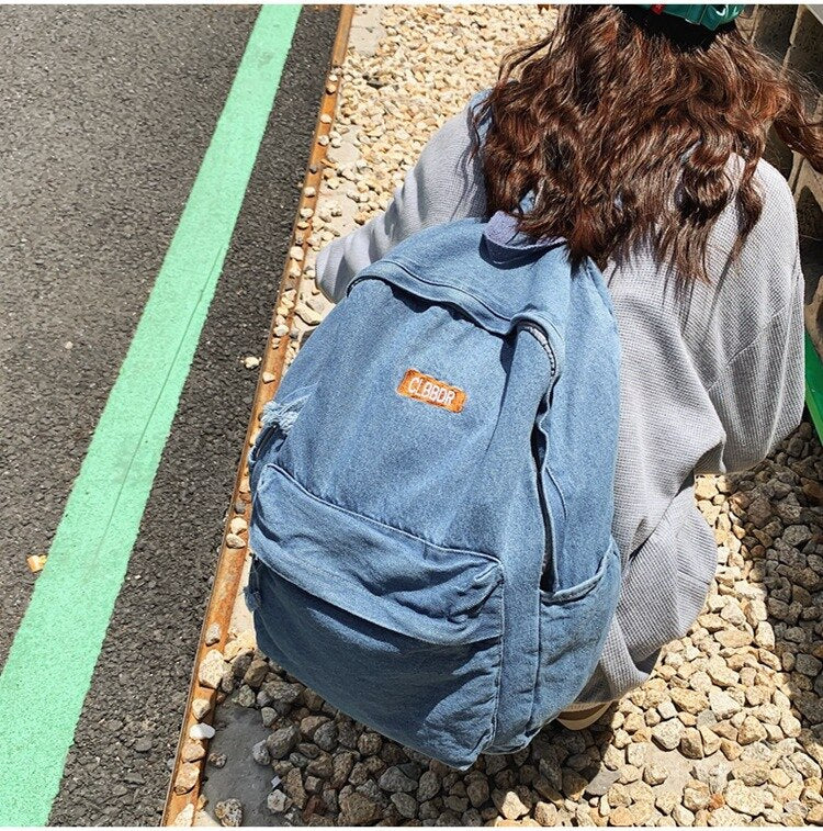 Female Casual Denim Big Capacity Backpack Back To School 90s Fashion Y2K Travel Casual Street Cloth Textile Book Laptop Rucksack
