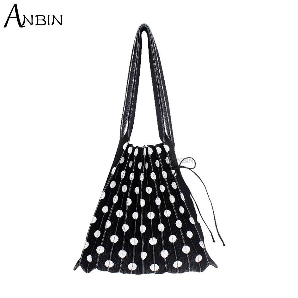 Women's Polka Dot Pleated Bag Folded Contrast Color Wool Knit Female Fashion Shoulder Handbag Organ Large Capacity Shopping Tote