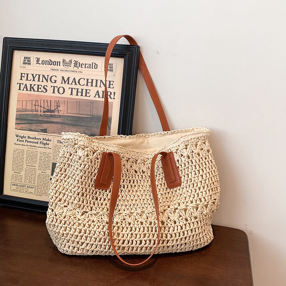 Straw Beach Bag Vintage Handmade Woven Shoulder Bag Bohemian Summer Vacation Casual Shoulder Bag Shopping Pouch