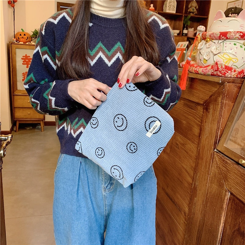 Japanese Style Corduroy Cosmetic Bag Women Handbags Purses Smile&Dots Makeup Organizer Storage Makeup Bag Girls Pencil Case Bags