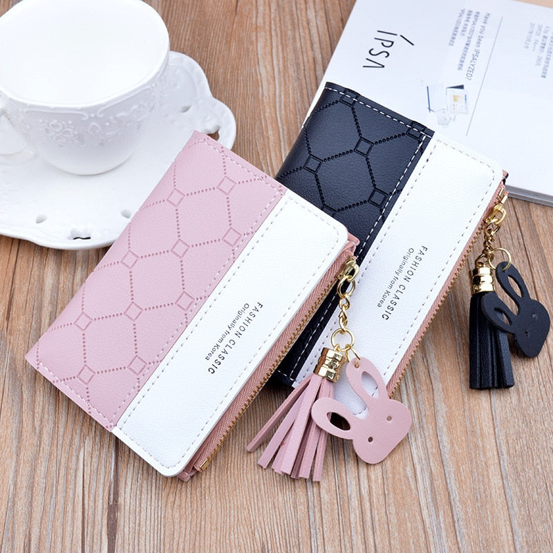 New Arrival Short Women Wallets Tassel Zipper Purse Patchwork Fashion Panelled Wallets Trendy Coin Purse Card Holder Leather