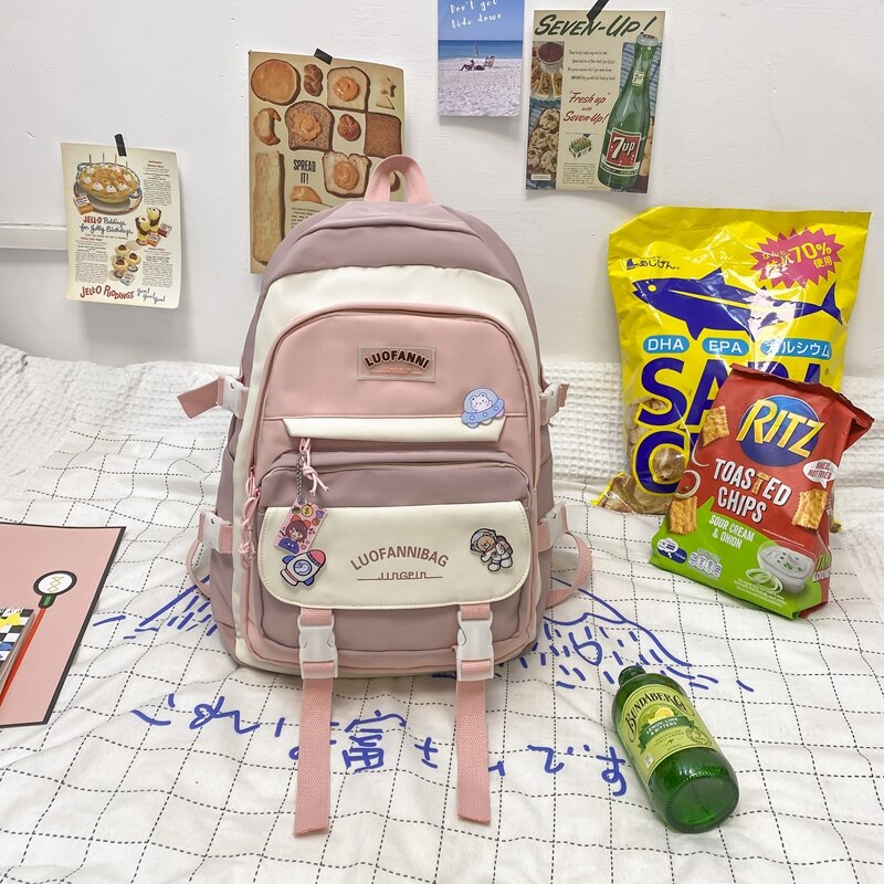 DCIMOR New Letter Printing Women Backpack Female Multi-pocket Contrast Color Nylon Book Bag College Ladies Schoolbag Girl Travel