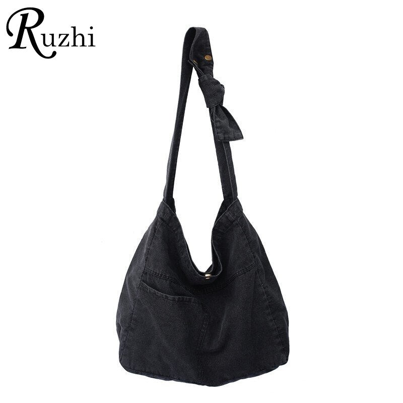 Large Capacity Canvas Shoulder Bags For Women Solid Fashion Fold Female Handbag Jean Big Shopping Eco Bag Denim Crossbody Bags