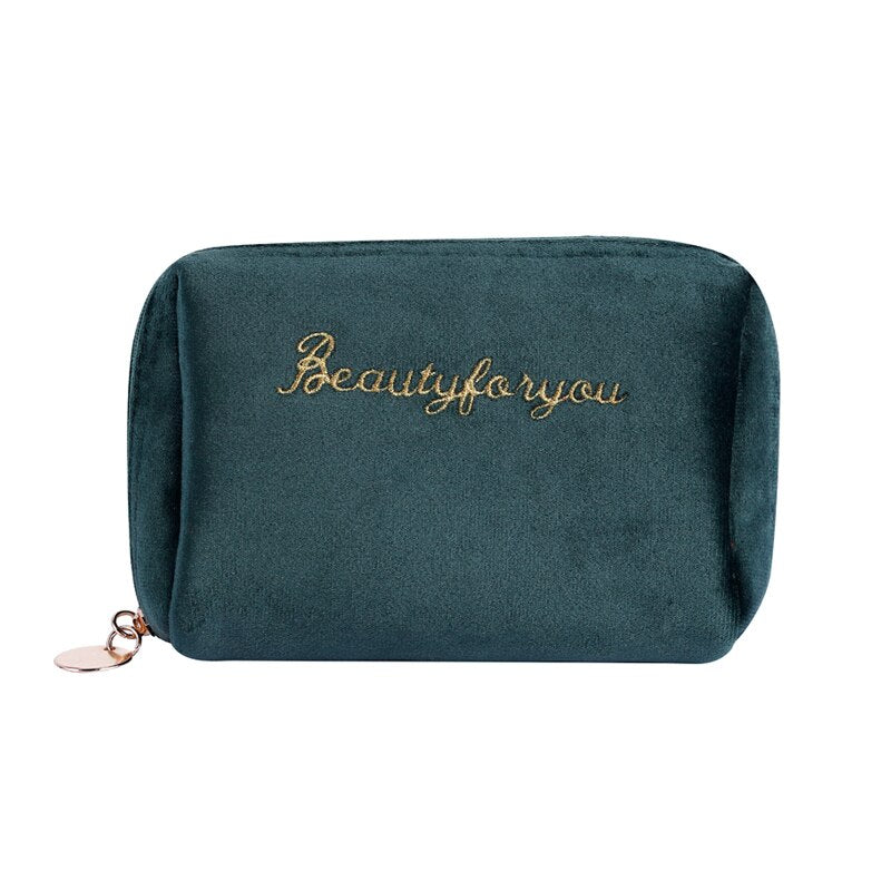 PURDORED 1 Pc Gold Thread Embroidery Cosmetic Bag for Women Vintage Velvet Make Up Bag Travel Solid Color Female Make Up Pouch