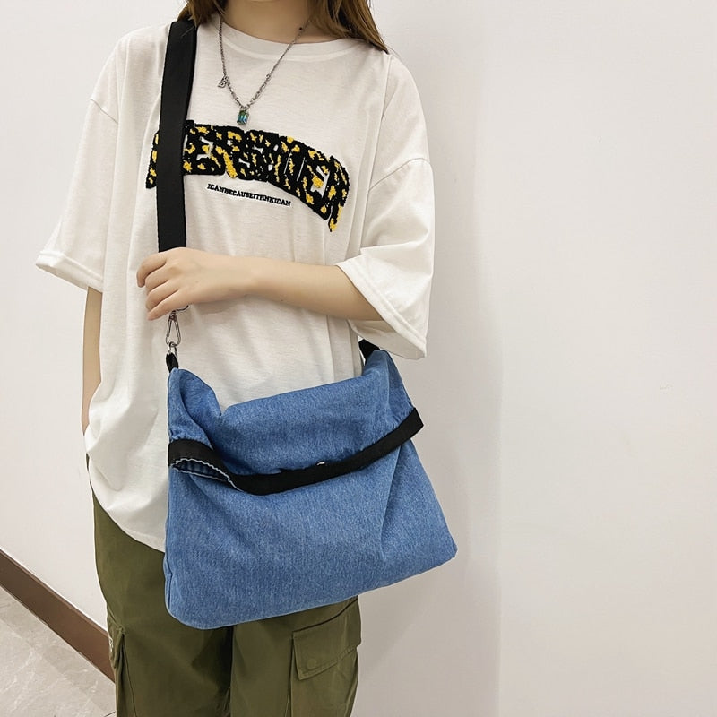 Large Capacity Canvas Shoulder Bags For Women Solid Fashion Fold Female Handbag Jean Big Shopping Eco Bag Denim Crossbody Bags