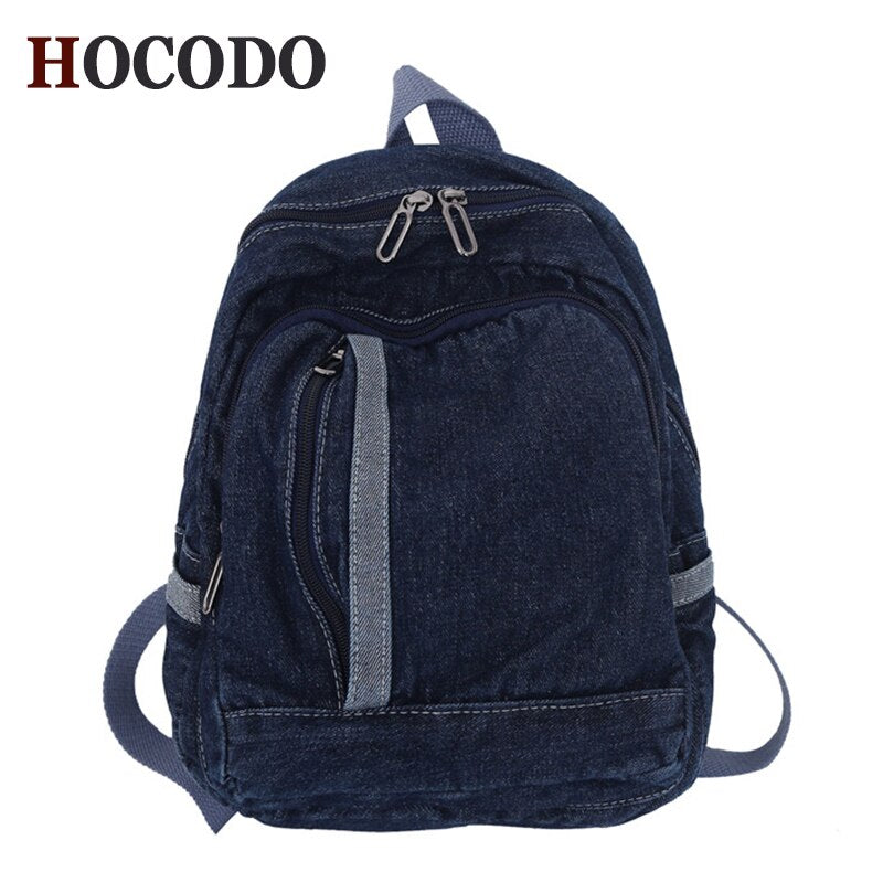 HOCODO Solid Color Backpack Female Fashion Travel Backpack For Teenage Multi Pocket Women Backpacks Denim School Bag Unisex