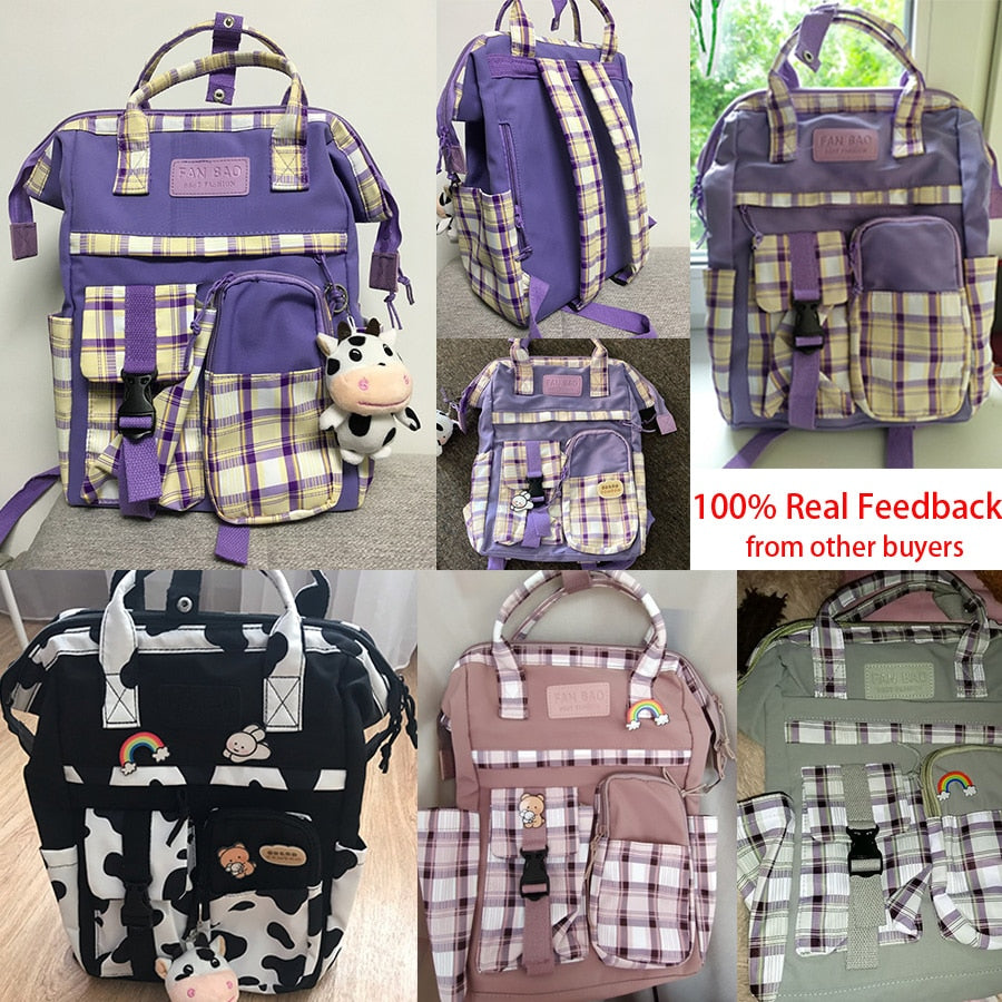 Vintage Casual Women Plaid Purple Backpacks New Fashion Black Cow Pattern Travel Bag for Teenager Girls Backpack School Bag