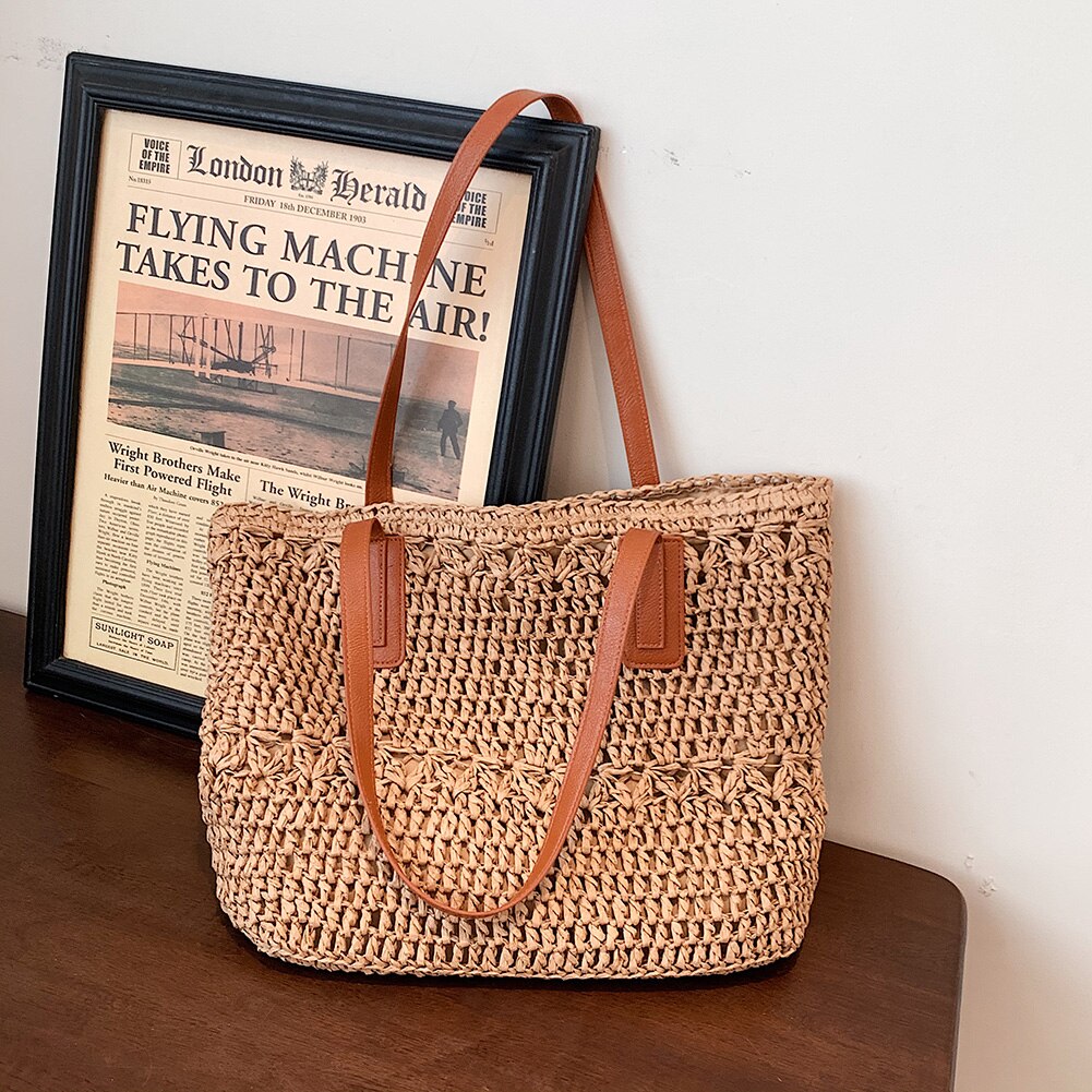 Straw Beach Bag Vintage Handmade Woven Shoulder Bag Bohemian Summer Vacation Casual Shoulder Bag Shopping Pouch