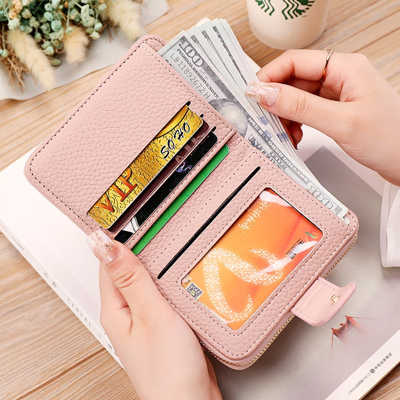 Geestock Fashion Organ Card Holder Wallets for Women Lingge Short Purse Simple Generous Ladies Zipper Wallet Credit Holders
