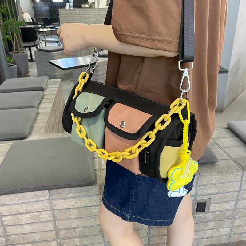 Kawaii Contrast Color Women Bag Fashion Double Pocket Chain Lady's Bag Female Leisure Shoulder Bag Cute messenger Bags Small