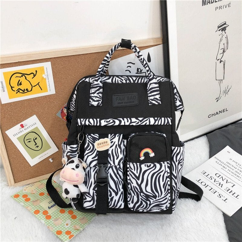 Vintage Casual Women Plaid Purple Backpacks New Fashion Black Cow Pattern Travel Bag for Teenager Girls Backpack School Bag