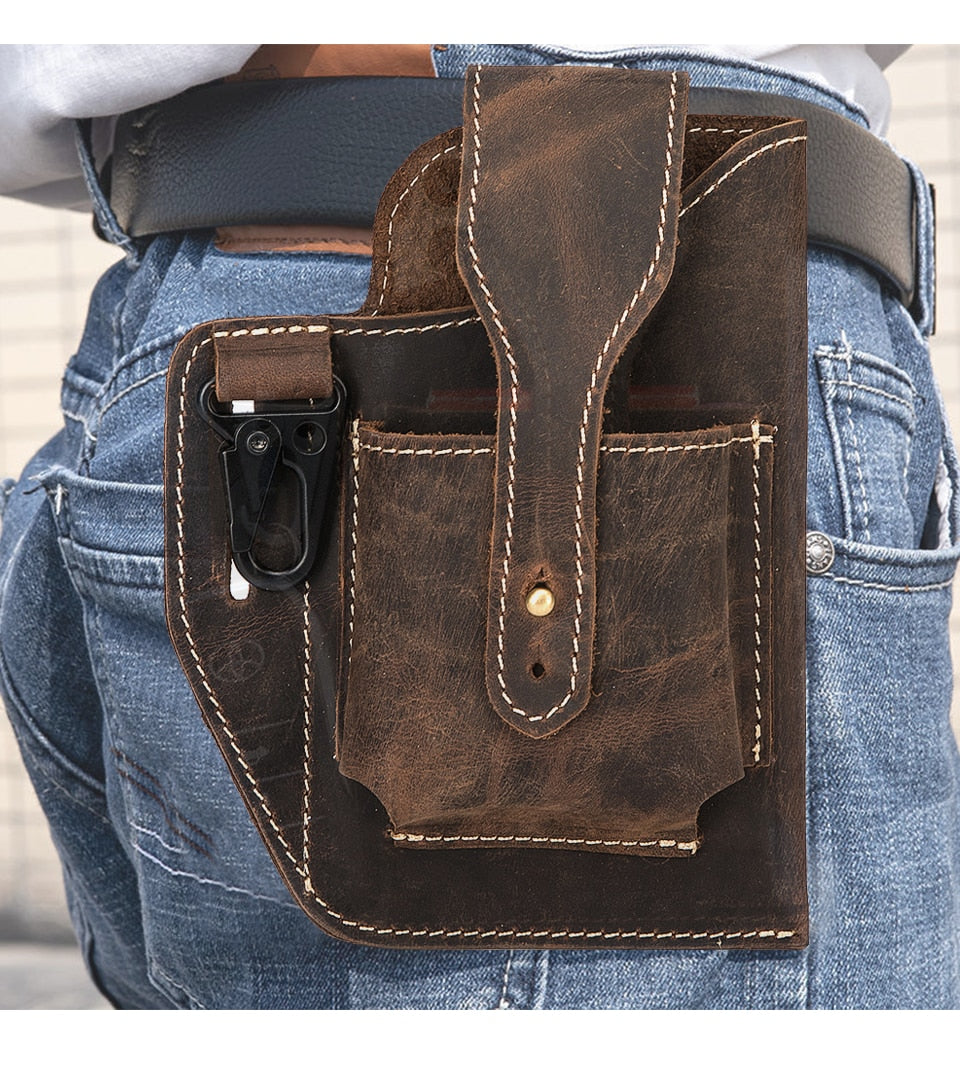 Real Leather men Casual Design Small Waist Bag Cowhide Fashion Hook Bum Bag Waist Belt Pack Cigarette Case 5.5" Phone Pouch 1609