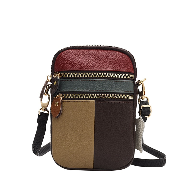 100% Genuine Leather Women Shoulder Bag Multi Zipper Soft Cowhide Girls Small Mobile Phone bag Color Stitching Color Random