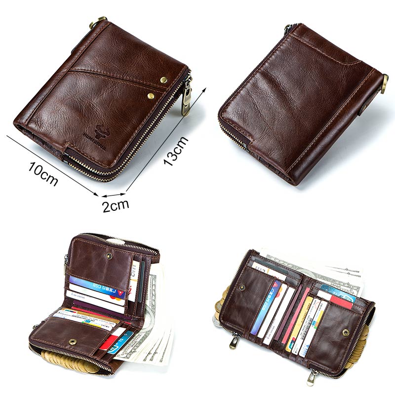 RFID Blocking Men's Wallets With Chain High Quality Cowhide Zipper Coin Pocket Card Holder Anti-Theft Chain Clutch Money Bag