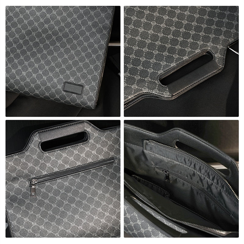 New Luxury Brand Designer Plaid Leather Briefcase Work Office Laptop Handbag Zipper iPad Document Stereotyped Bag Male Satchels