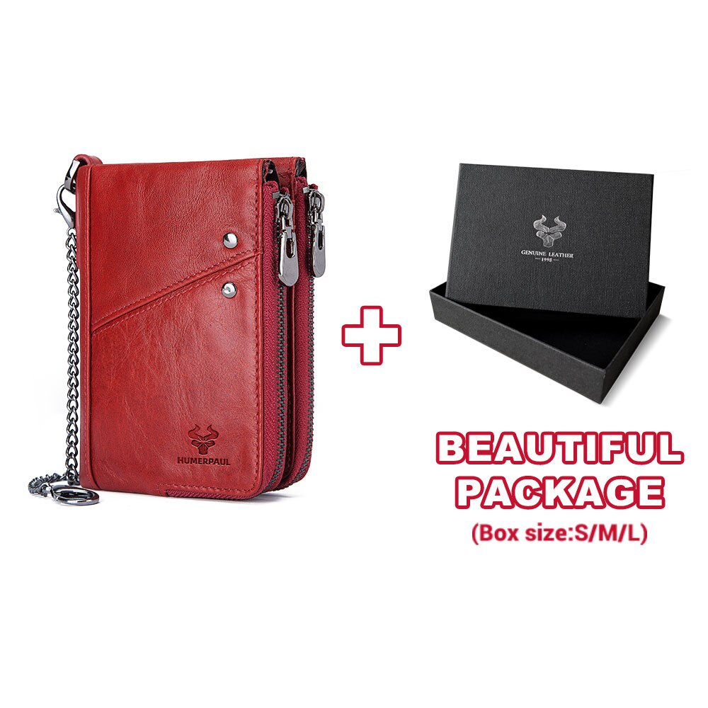 RFID Blocking Men's Wallets With Chain High Quality Cowhide Zipper Coin Pocket Card Holder Anti-Theft Chain Clutch Money Bag
