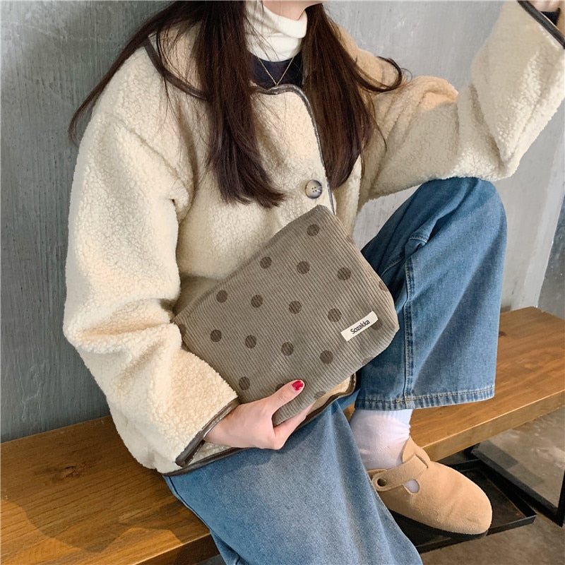 Japanese Style Corduroy Cosmetic Bag Women Handbags Purses Smile&Dots Makeup Organizer Storage Makeup Bag Girls Pencil Case Bags