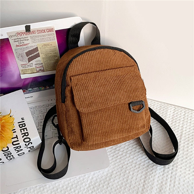 Fashion Woman Mini Simple Corduroy Backpacks Campus Style Knapsack Capacity Double Shoulder Bag School Corduroy Backpack