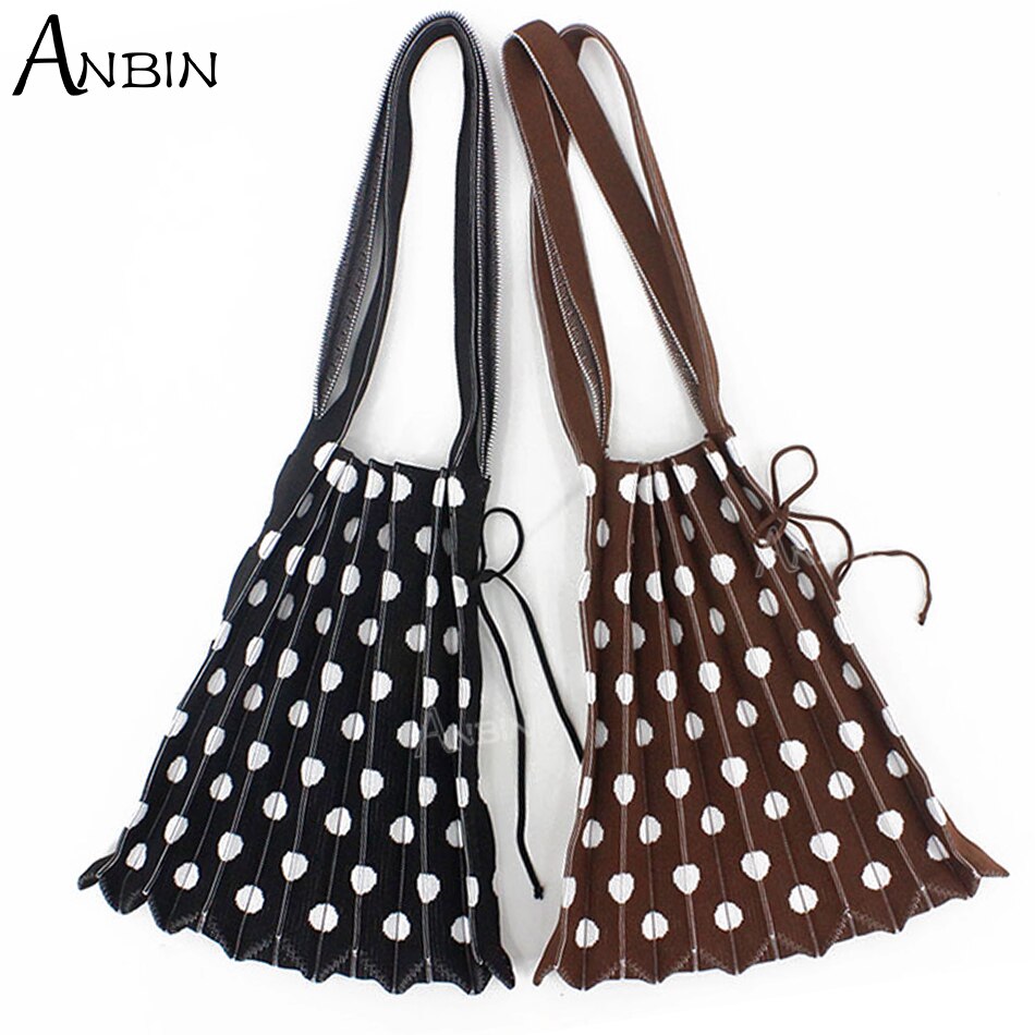 Women's Polka Dot Pleated Bag Folded Contrast Color Wool Knit Female Fashion Shoulder Handbag Organ Large Capacity Shopping Tote