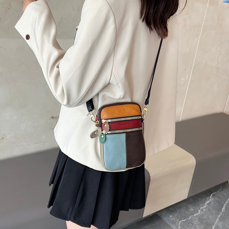 100% Genuine Leather Women Shoulder Bag Multi Zipper Soft Cowhide Girls Small Mobile Phone bag Color Stitching Color Random