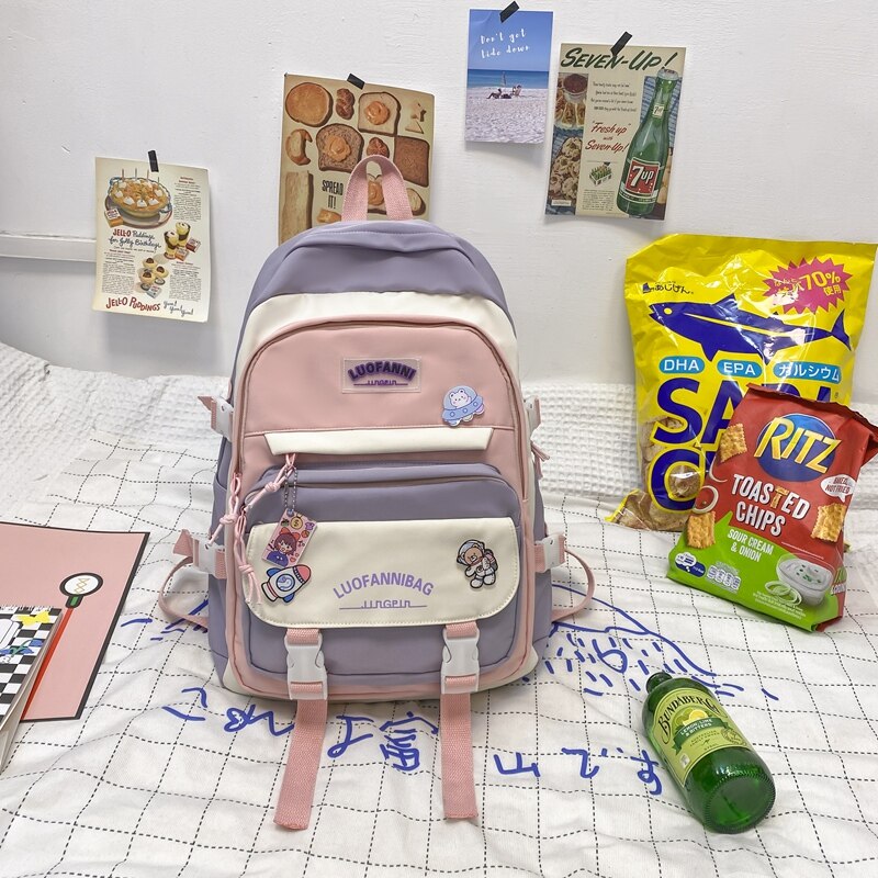 DCIMOR New Letter Printing Women Backpack Female Multi-pocket Contrast Color Nylon Book Bag College Ladies Schoolbag Girl Travel