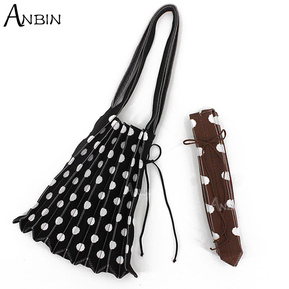 Women's Polka Dot Pleated Bag Folded Contrast Color Wool Knit Female Fashion Shoulder Handbag Organ Large Capacity Shopping Tote