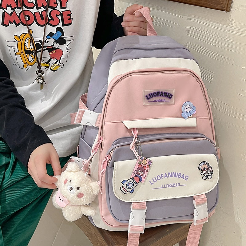 DCIMOR New Letter Printing Women Backpack Female Multi-pocket Contrast Color Nylon Book Bag College Ladies Schoolbag Girl Travel