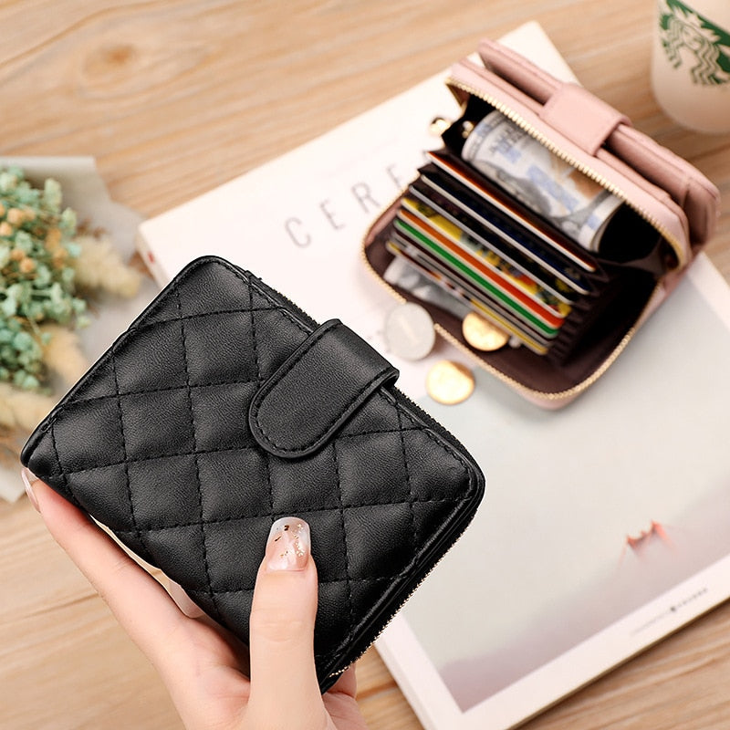 Geestock Fashion Organ Card Holder Wallets for Women Lingge Short Purse Simple Generous Ladies Zipper Wallet Credit Holders